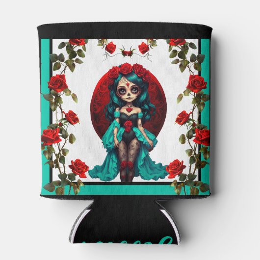 Blauwgroen en rode rozen Sugar Skulls Blikjeskoeler (Achterkant)