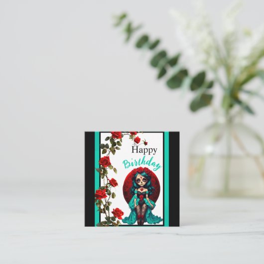 Blauwgroen en rode rozen Sugar Skulls Informatiekaartje (Staand voorkant)