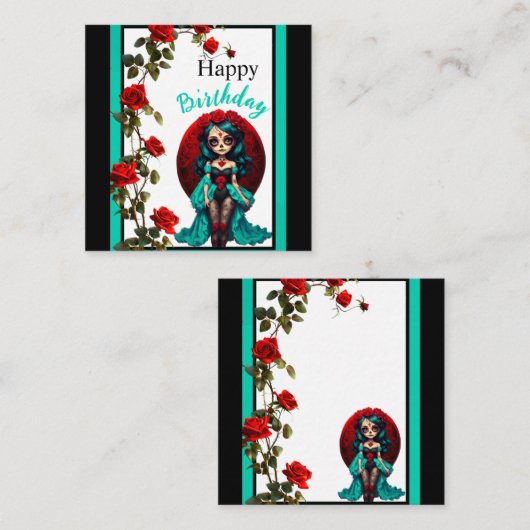 Blauwgroen en rode rozen Sugar Skulls Informatiekaartje (Voorkant / Achterkant)