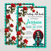 Blauwgroen en rode rozen Sugar Skulls Invitation Kaart (Voorkant / Achterkant)