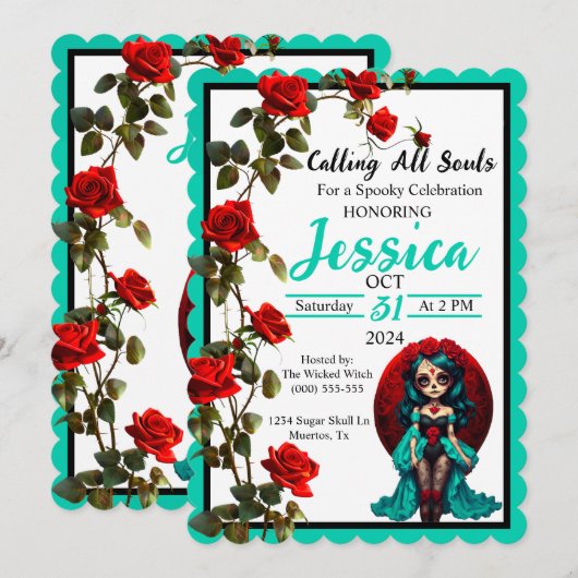 Blauwgroen en rode rozen Sugar Skulls Invitation Kaart (Voorkant / Achterkant)