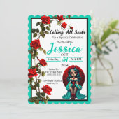 Blauwgroen en rode rozen Sugar Skulls Invitation Kaart (Staand voorkant)