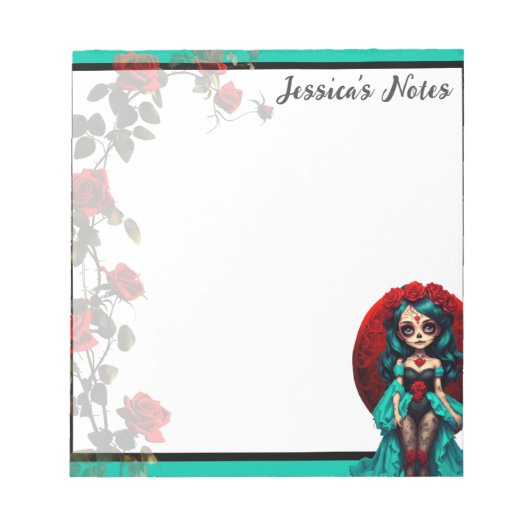 Blauwgroen en rode rozen Sugar Skulls Notitieblok (Voorkant)