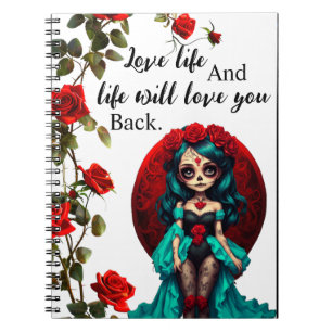 Blauwgroen en rode rozen Sugar Skulls Notitieboek