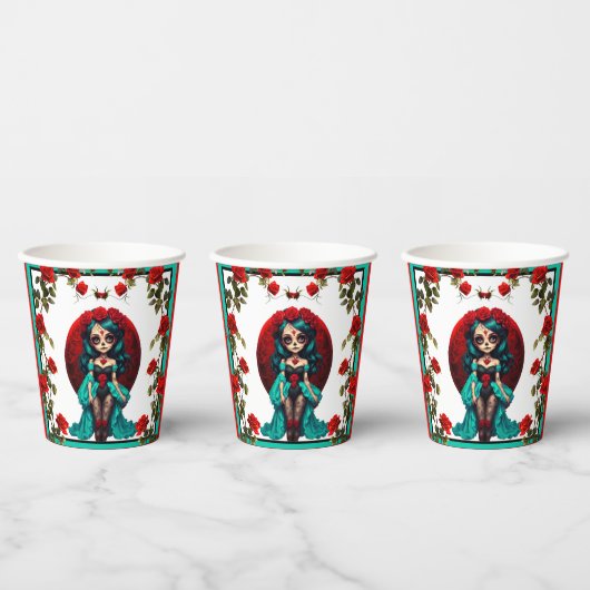 Blauwgroen en rode rozen Sugar Skulls Papieren Bekers (Multi)