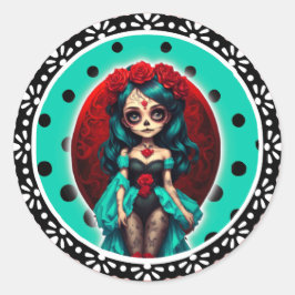 Blauwgroen en rode rozen Sugar Skulls Ronde Sticker