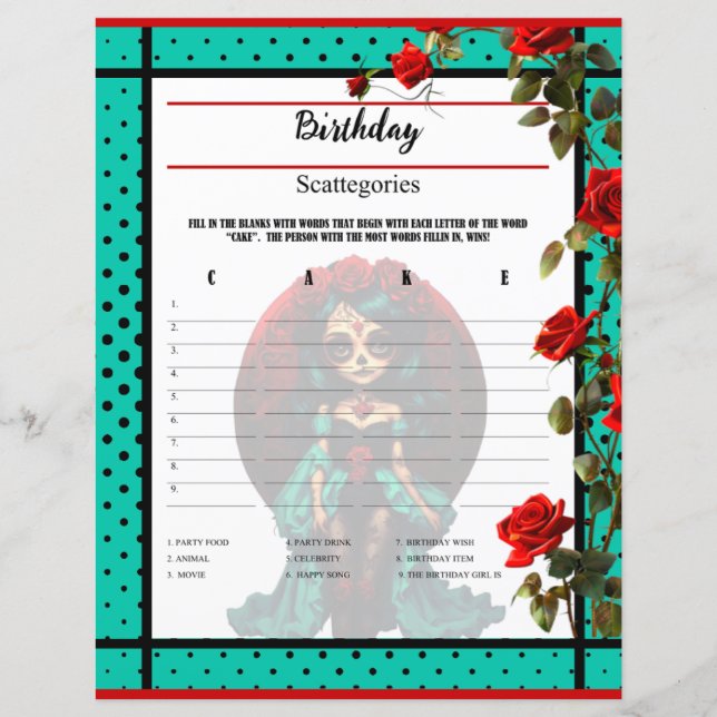 Blauwgroen en rode rozen Sugar Skulls Scattegories (Voorkant)