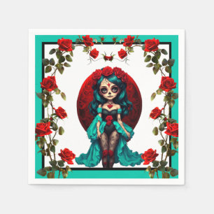 Blauwgroen en rode rozen Sugar Skulls Servet