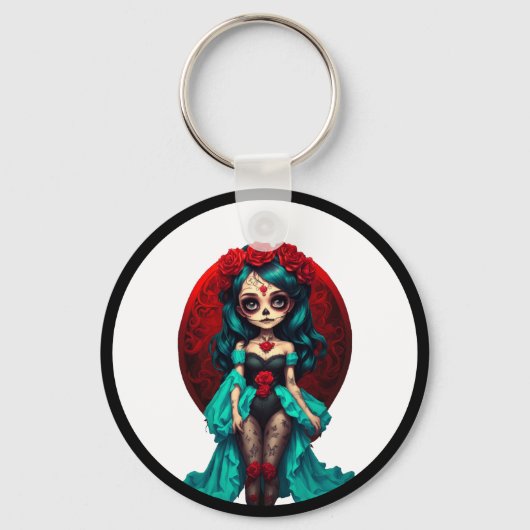 Blauwgroen en rode rozen Sugar Skulls Sleutelhanger (Voorkant)