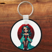 Blauwgroen en rode rozen Sugar Skulls Sleutelhanger (Voorkant)