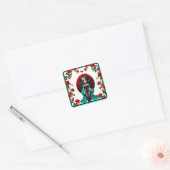 Blauwgroen en rode rozen Sugar Skulls Vierkante Sticker (Envelop)