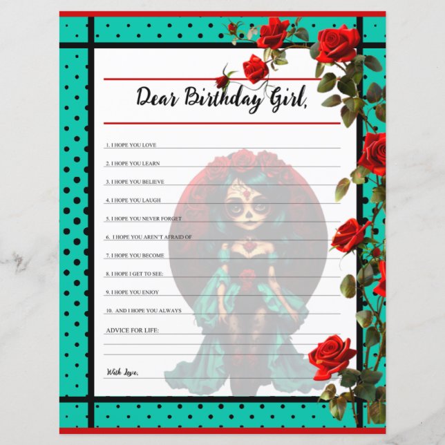 Blauwgroen en Rode Rozen Suikerschedel Lieve Verja (Voorkant)