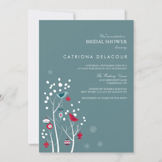 Blauwgroen en rode wintersneeuwbridale showuitnodi kaart (Voorkant)