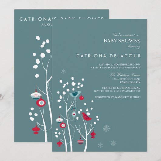 Blauwgroen en rode wintersneeuwuitnodiging kaart (Voorkant / Achterkant)