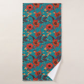 Blauwgroen en rood bloemmotief badhanddoek (Badhanddoek)