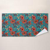 Blauwgroen en rood bloemmotief badhanddoek (Badhanddoek)