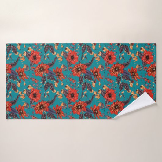 Blauwgroen en rood bloemmotief badhanddoek (Badhanddoek)
