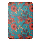Blauwgroen en rood bloemmotief badmat (Voorkant Verticaal)