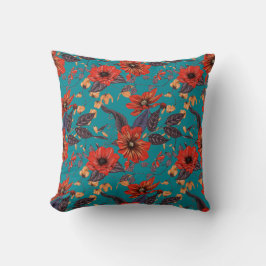 Blauwgroen en rood bloemmotief kussen