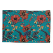 Blauwgroen en rood bloemmotief kussensloop (Achterkant)