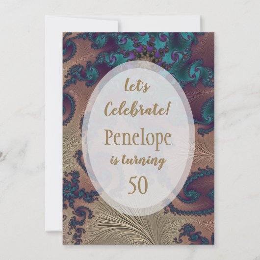 Blauwgroen en Roos Gold Feathery Fractal 50th Birt Kaart (Voorkant)