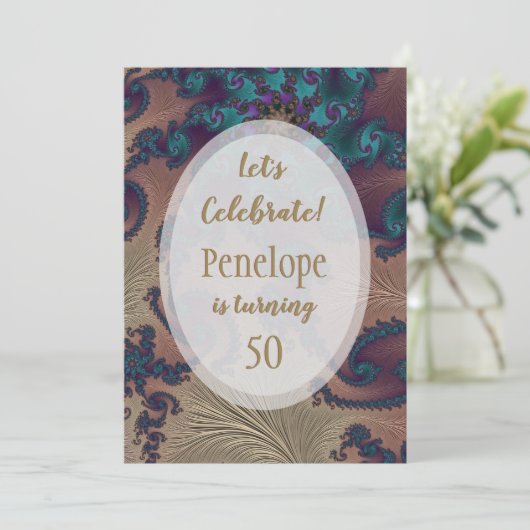 Blauwgroen en Roos Gold Feathery Fractal 50th Birt Kaart (Staand voorkant)