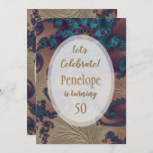 Blauwgroen en Roos Gold Feathery Fractal 50th Birt Kaart (Voorkant / Achterkant)