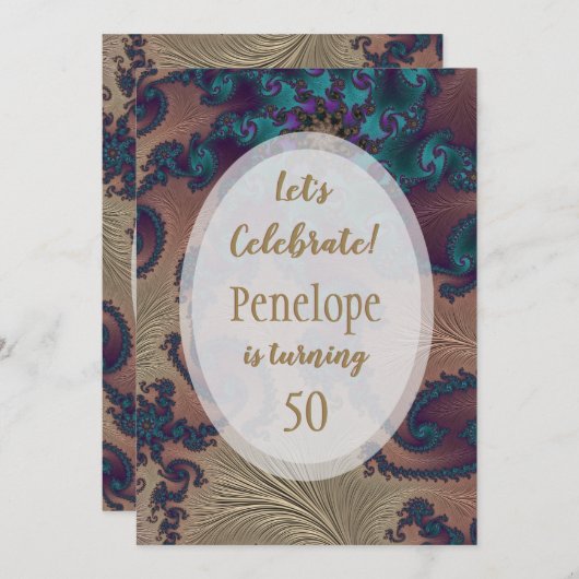 Blauwgroen en Roos Gold Feathery Fractal 50th Birt Kaart (Voorkant / Achterkant)