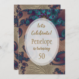 Blauwgroen en Roos Gold Feathery Fractal 50th Birt Kaart