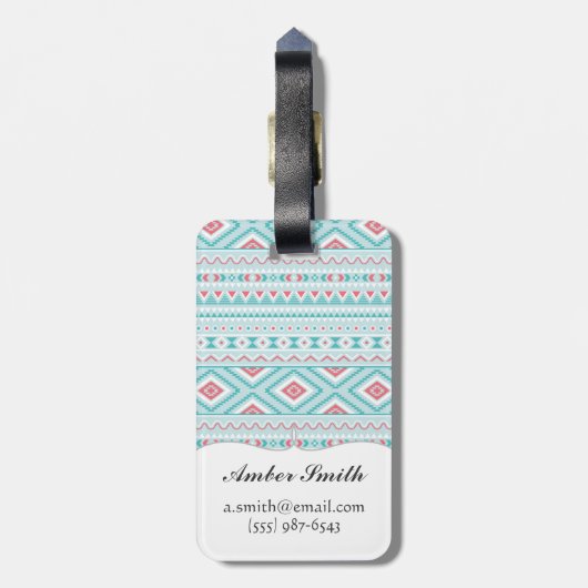 Blauwgroen en roze Aztec - tribaal patroon Bagagelabel (Achterkant verticaal)