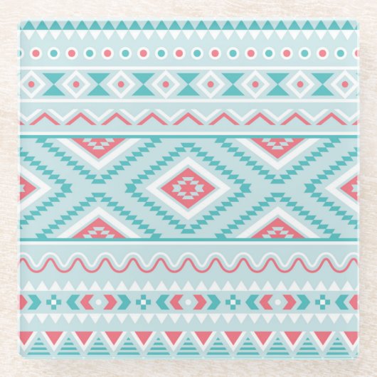 Blauwgroen en roze Aztec - tribaal patroon Glazen Onderzetter (Voorkant)
