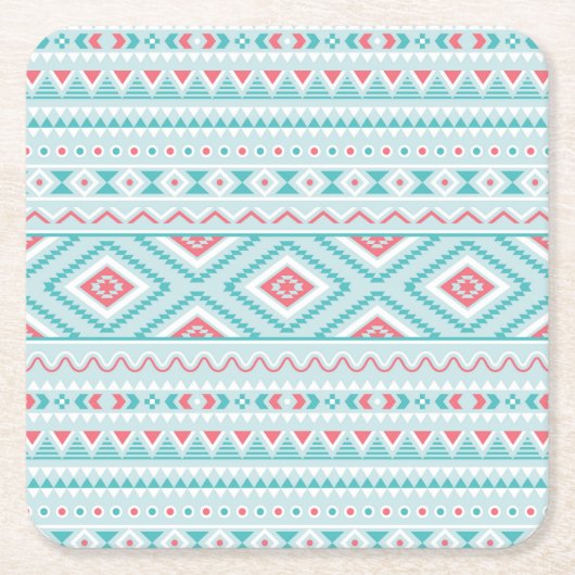 Blauwgroen en roze Aztec - tribaal patroon Kartonnen Onderzetters (Voorkant)