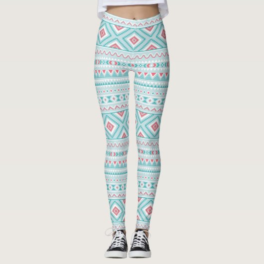 Blauwgroen en roze Aztec - tribaal patroon Leggings (Voorkant)