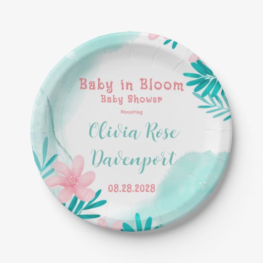 Blauwgroen en roze Baby in het Baby shower Bloom Papieren Bordje (Voorkant)