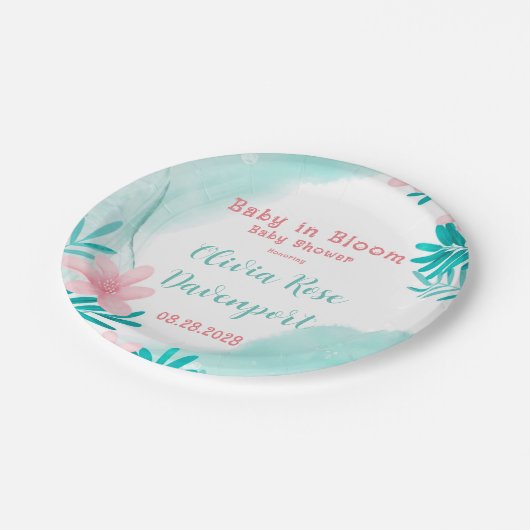 Blauwgroen en roze Baby in het Baby shower Bloom Papieren Bordje (Gekanteld)