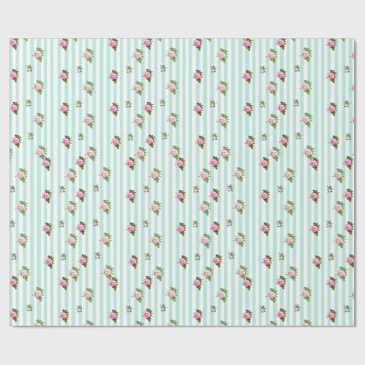 Blauwgroen en roze bloemige grafische Rozen gestri Cadeaupapier (Vlak)