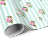 Blauwgroen en roze bloemige grafische Rozen gestri Cadeaupapier (Rol Hoek)