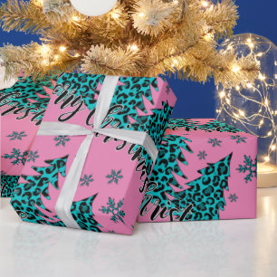 Blauwgroen en roze Cheetah-kerstbomen afdrukken Cadeaupapier