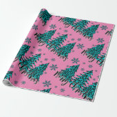 Blauwgroen en roze Cheetah-kerstbomen afdrukken Cadeaupapier (Uitgerold)