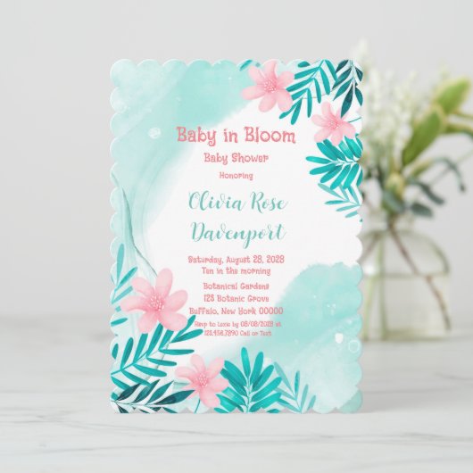 Blauwgroen en roze Floral Baby in Bloom Baby showe Kaart (Staand voorkant)