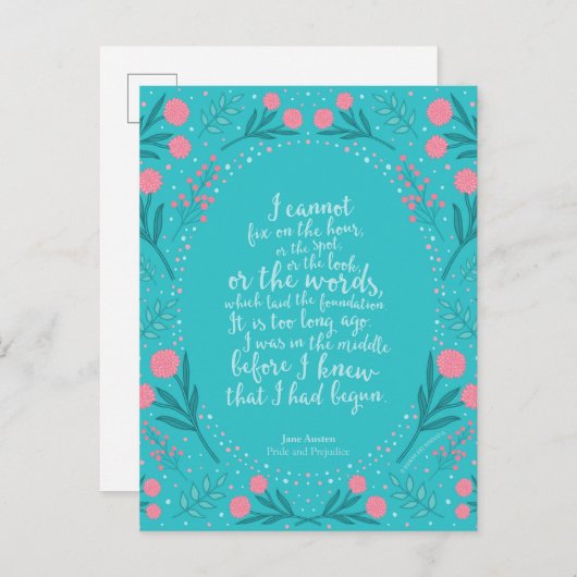 Blauwgroen en Roze Floral Jane Austen Pride en Pre Briefkaart (Voorkant / Achterkant)