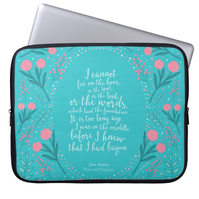 Blauwgroen en Roze Floral Jane Austen Pride en Pre Laptop Sleeve (Voorkant)