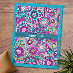 Blauwgroen en Roze Floral Patroon met de Naam van  Fleece Deken
