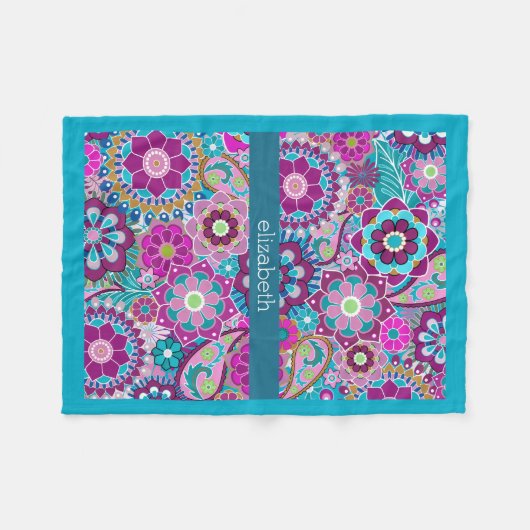 Blauwgroen en Roze Floral Patroon met de Naam van  Fleece Deken (Voorkant (Horizontaal))