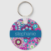 Blauwgroen en Roze Floral Patroon met de Naam van  Sleutelhanger (Voorkant)