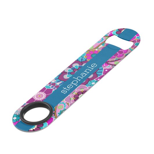 Blauwgroen en Roze Floral Patroon met de Naam van  Speed Flessenopener (Voorkant Gekanteld)