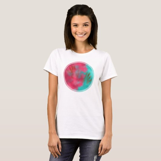 Blauwgroen en Roze Holi Hai Poeder en Handen T-shirt (Voorkant volledig)