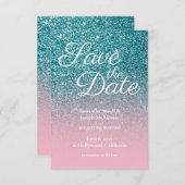 Blauwgroen en Roze Ombre Glitter sparen de Datum Kaart (Voorkant / Achterkant)