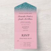Blauwgroen en roze ombre Glitter Wedding All In One Uitnodiging (Binnen)