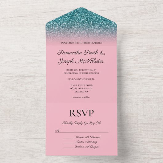 Blauwgroen en roze ombre Glitter Wedding All In One Uitnodiging (Binnen)